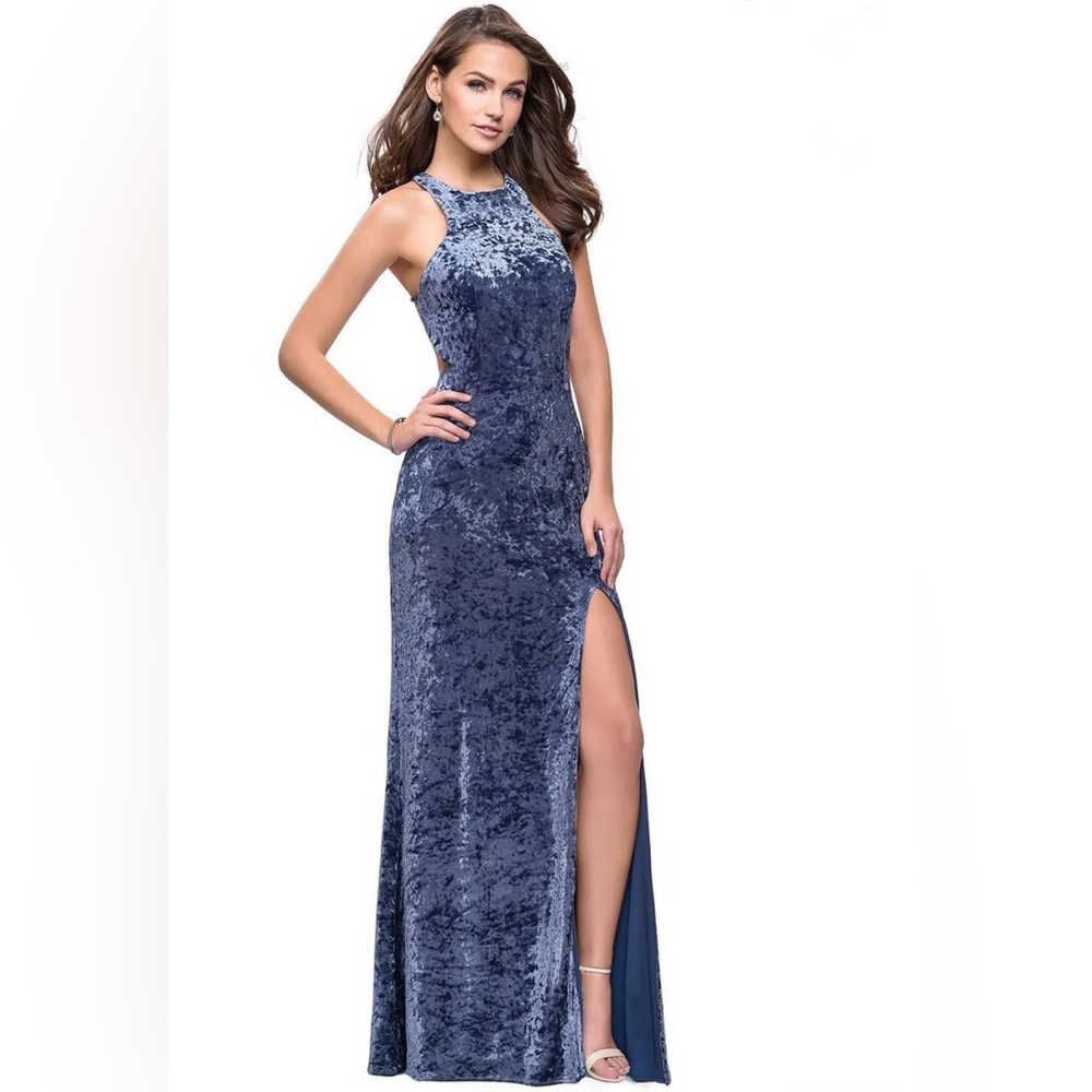 La Femme Slate Blue Velvet Evening Gown Style 25734 Size 0
